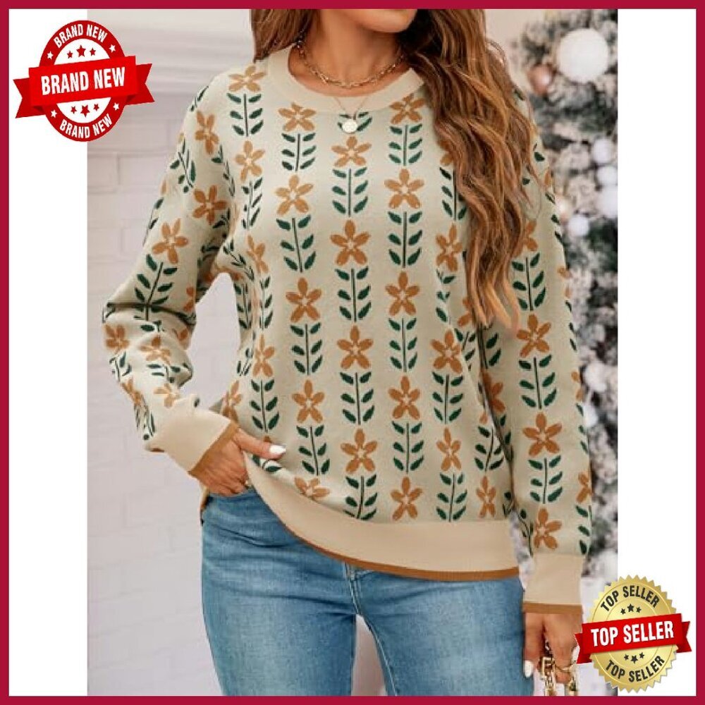 Oversized Knitted Pullover Sweater Long Sleeve Crewneck Trendy Fall Top - Picture 4 of 8